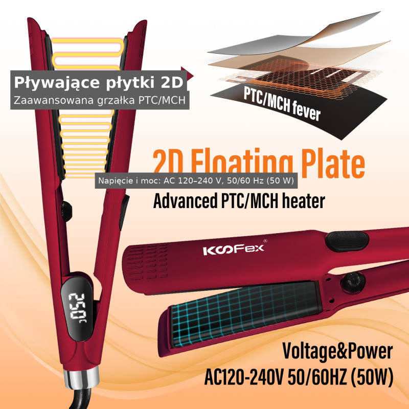 Prostownica do włosów z pływającymi płytkami aluminiowymi Technologia 2D 38 mm Koofex KF-006C
