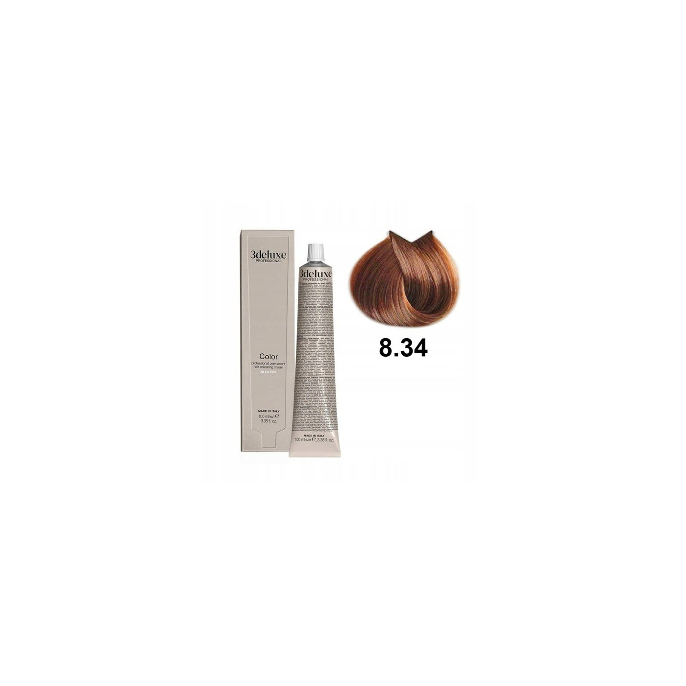 Farba do włosów z olejkiem arganowym i ekstraktem z nagietka 3Deluxe Professional 8.34 jasny miedziany złocisty blond 100 ml Farba do włosów z olejkiem arganowym i ekstraktem z nagietka 3Deluxe Professional 8.34 jasny miedziany złocisty blond 100 ml