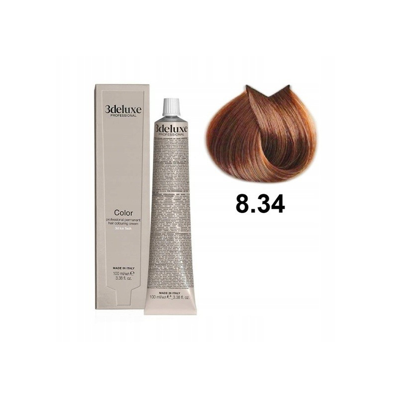 Farba do włosów z olejkiem arganowym i ekstraktem z nagietka 3Deluxe Professional 8.34 jasny miedziany złocisty blond 100 ml Farba do włosów z olejkiem arganowym i ekstraktem z nagietka 3Deluxe Professional 8.34 jasny miedziany złocisty blond 100 ml