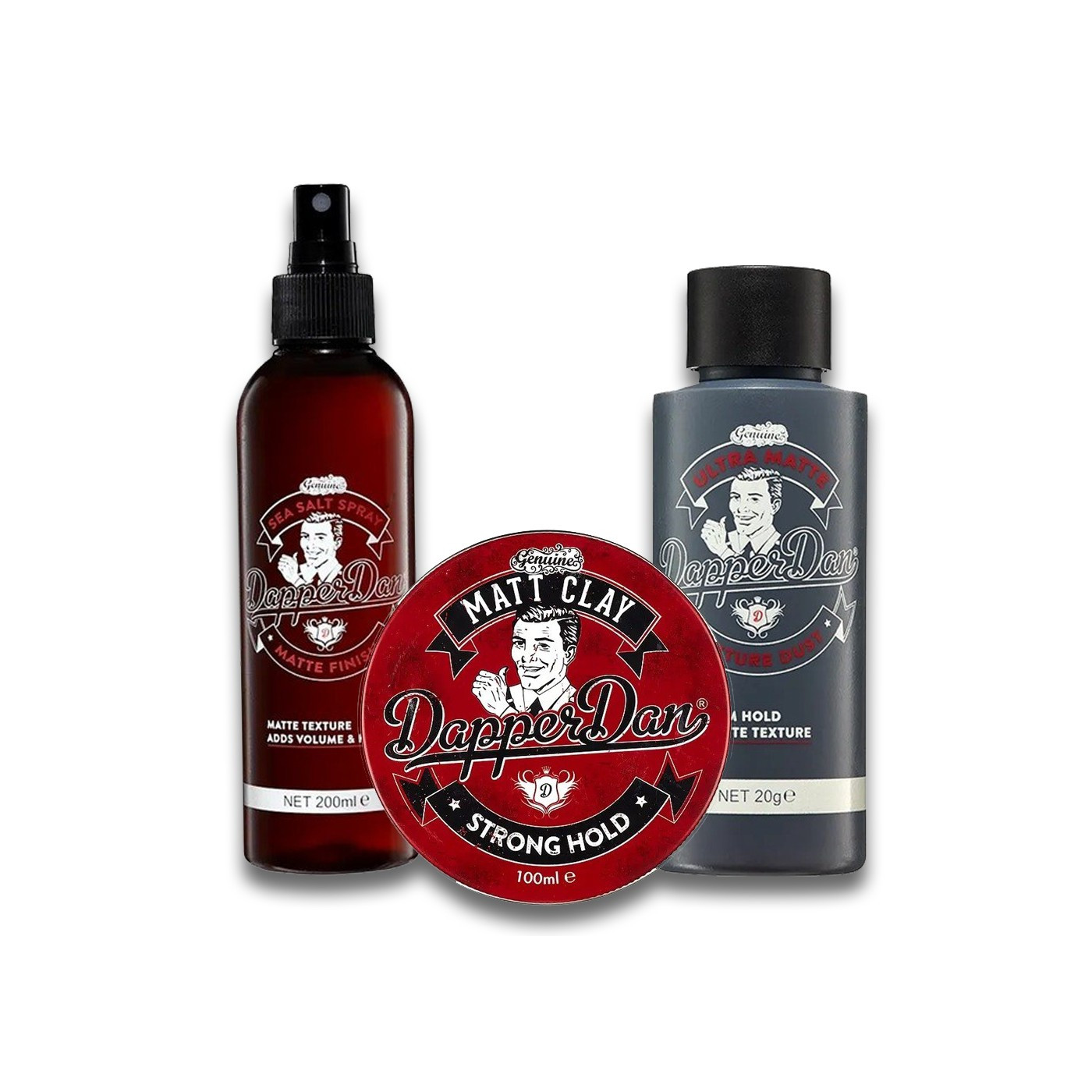 Zestaw do stylizacji włosów: spray z solą morską, puder i pomada glinka Dapper Dan